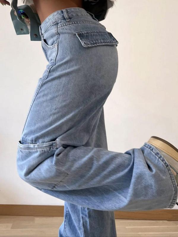 Women's Plain Pocket Button Straight Leg Jeans, Casual Comfy Denim Jeans for Daily Wear, Ladies Bottoms for Fall & Winter