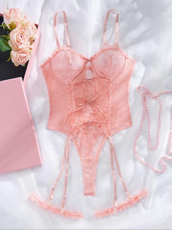 Women's Floral Lace Sheer Sexy Lingerie Set, Chic Bow Decor Ruffle Trim Lingerie & Garter Belt Set, Women's Lingerie & Underwear for All Seasons