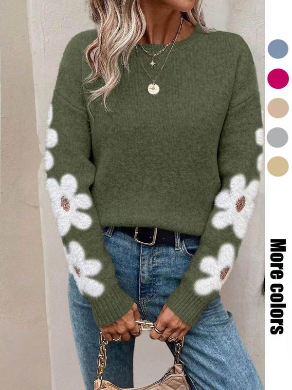 Women's Floral Print Drop Shoulder Sweater, Casual Long Sleeve Round Neck Jumper for Fall & Winter, Fashion Ladies' Knitwear for Daily Wear