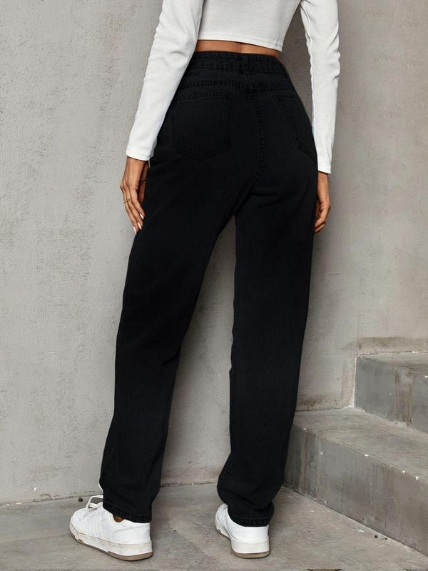 Women's Plain High Waist Straight Leg Vintage Jeans, Fashion Streetwear, Street Overlap Waist Pocket Denim Pants Mom Jeans for Daily Outdoor Wear, Ladies Bottoms for All Seasons, Fall Clothes