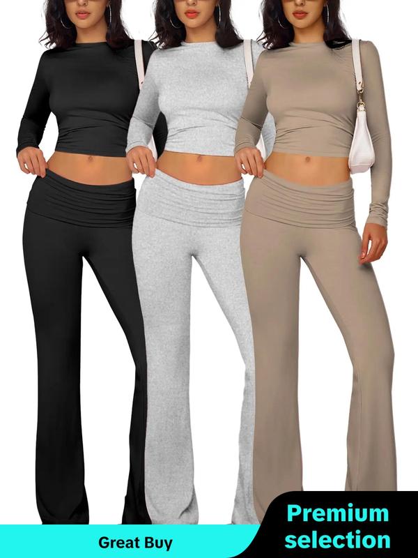 Women's Solid Long Sleeve Short Tee & Flare Leg Pants Set, Casual Round Neck Top & Bell Bottom Trousers for Daily Wear, Ladies Clothes for All Seasons