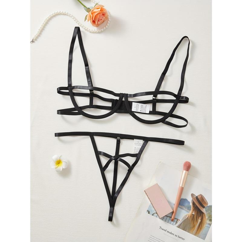 Sultry Hollow Out Lingerie Set - Thin Shoulder Straps, Push-Up Bra, Thong, Sexy Women's Intimates Clothing for Confidence Boost