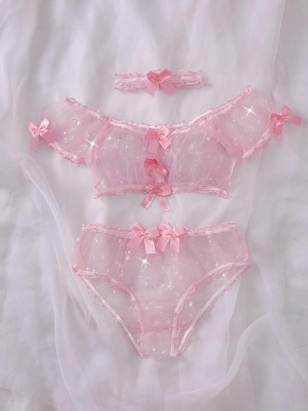 Women's Contrast Sequin Bow Front Sheer Sexy Lingerie Three-Piece Set, Romantic Sexy Lettuce Trim Top & Panty & Choker Set, Women's Sexy Lingeries & Costumes for All Seasons
