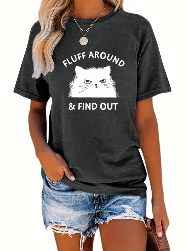Women's Cartoon Cat & Letter Print Round Neck Graphic Tee, Casual Short Sleeve T-Shirt for Summer, Women's Clothes for Daily Wear