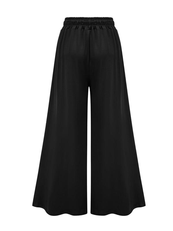  Solid Drawstring Waist Wide Leg Pants, Casual Pocket Trousers for Daily Wear, Pants for Women, Baggy Pants, Women's Bottoms for All Seasons