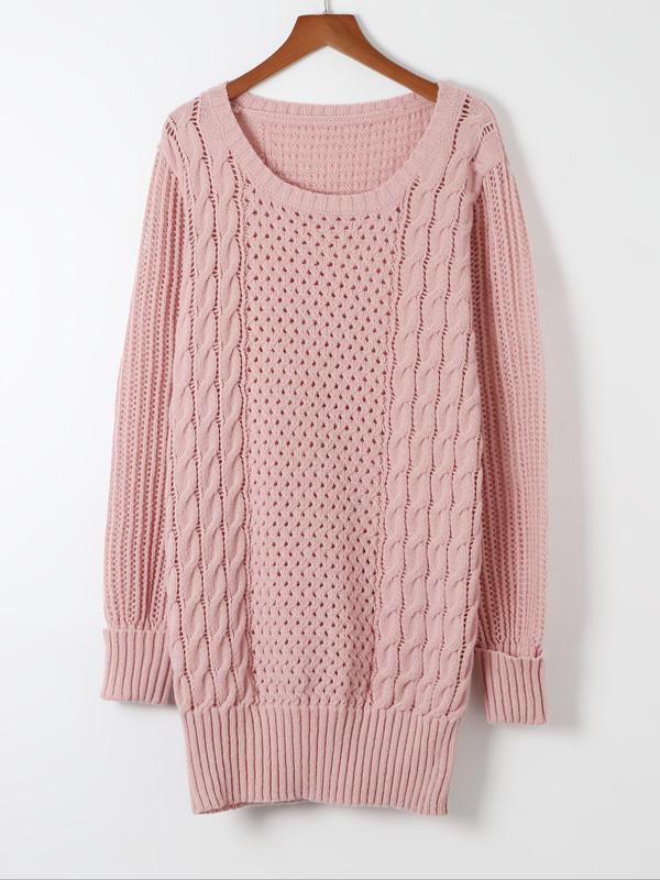 Women's Textured Hollow Out Drop Shoulder Sweater Dress, Casual Long Sleeve Round Neck Knit Dress for Fall & Winter, Women's Knitwear for Daily Wear, Fall Outfits, Fallfreshness