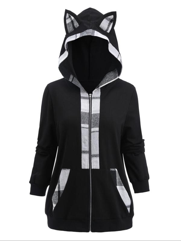  Colorblock Plaid Print Zip Up Ear Design Hooded Jacket, Casual Long Sleeve Hooded Outerwear for Fall & Winter, Women's Clothes for Daily Wear