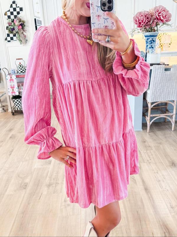 Women's Plain Ruffle Hem Tie Back Smock Dress, Elegant Fashion Flounce Sleeve Round Neck Dress for Daily Outdoor Wear, Women Dress for Spring Fall