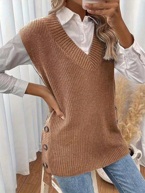 Women's Plain High Low Hem Button V Neck Sweater Vest, Casual Solid Color Sleeveless Knit Top for Daily Wear, Ladies Clothes for All Seasons