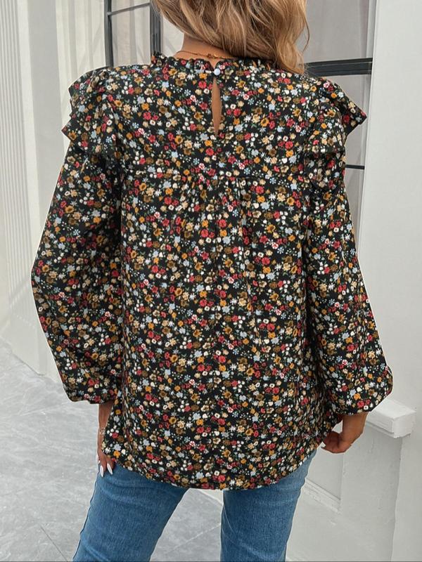 Women's Floral Print Ruffle Layered Sleeve Blouse, Boho Mock Neck Shirred Top for Summer, Women's Clothing for Daily Wear