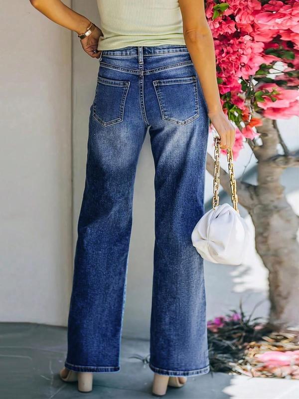Women's Plain Pocket Wide Leg Jeans, Casual Street Comfy Denim Pants for Daily Wear, Ladies Bottoms for All Seasons