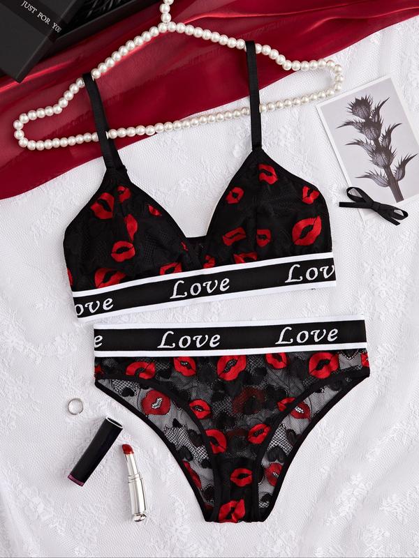Women's Letter Tap All Over Lip Print Lace Sexy Lingerie Set, Adjustable Spaghetti Strap Wireless Bra & Contrast Mesh Sheer Panty Lingerie Set, Lingerie Set for Women