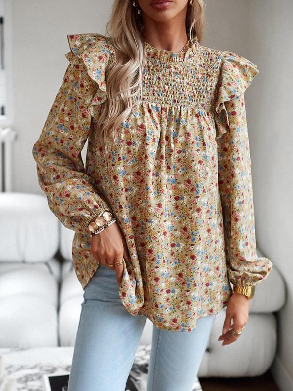 Women's Floral Print Ruffle Layered Sleeve Blouse, Boho Mock Neck Shirred Top for Summer, Women's Clothing for Daily Wear