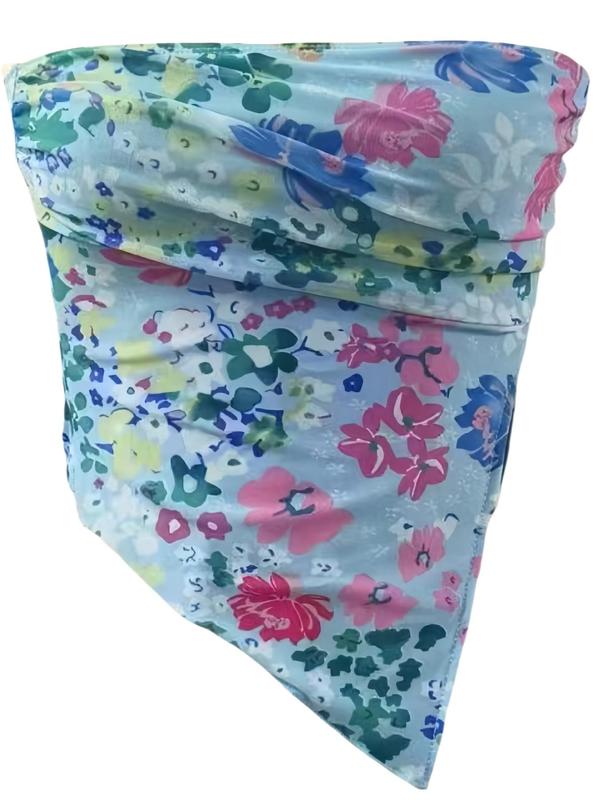 Women's Floral Print Asymmetrical Ruched Crop Tube Top, Casual 2000s Y2K Split Hem Backless Sleeveless Top for Summer, Bandeau Tops, Fashion Women's Top for Daily Wear