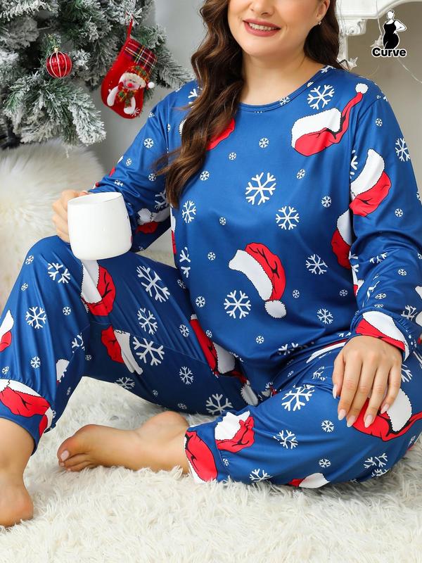  Two-Piece Set Christmas Print Long Sleeve Tee & Elastic Waist Pants Pajama Set, Casual Comfy Round Neck Top & Trousers PJ Set, Women's Sleepwear for Fall & Winter