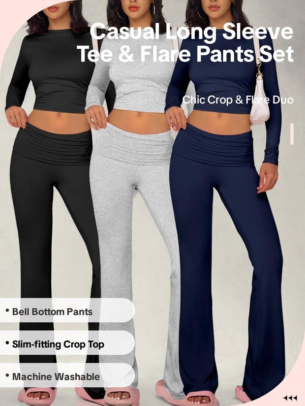 Women's Solid Long Sleeve Short Tee & Flare Leg Pants Set, Casual Round Neck Top & Bell Bottom Trousers for Daily Wear, Ladies Clothes for All Seasons