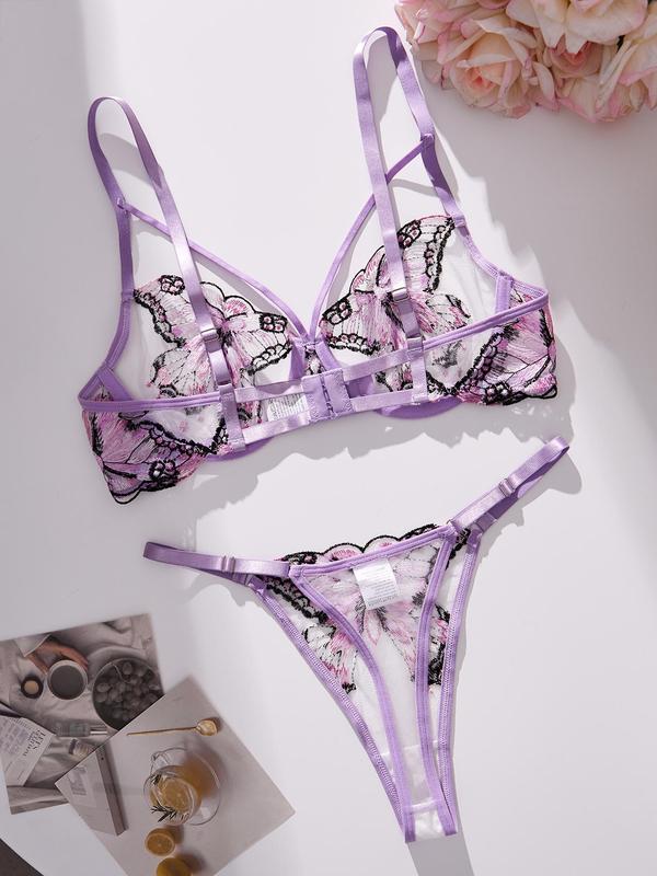 Women's 2pcs Butterfly Embroidery Sheer Sexy Lingerie Set, Breathable Comfortable Push Up Bra & Thong, Fashion Lingerie Set for Women