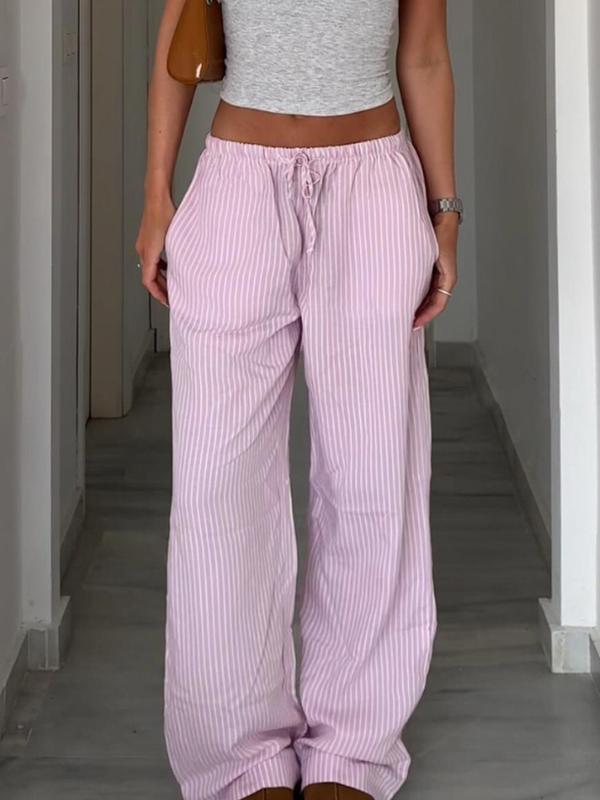 Women's Striped Print Drawstring Waist Wide Leg Pants, Casual Comfy Trousers for Summer, Fashion Women's Bottoms for Daily Wear