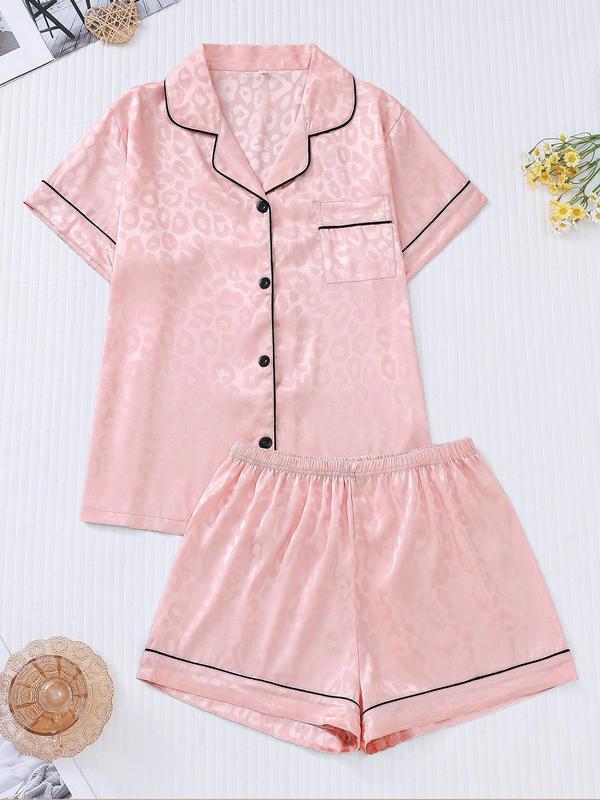 Two Counts Women's Contrast Binding Pocket Satin Pyjama Set, Casual Button Front Shirt & Elastic Waist Shorts, Summer Clothes Women, Pj Sets for Women, Comfort Homewear for Lady
