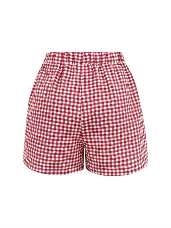 Women's Plaid Print Patched Wide Leg Shorts, Casual Pocket Elastic Waist Shorts for Daily Wear, Ladies Bottoms for All Seasons, Preppy 80s Clothes
