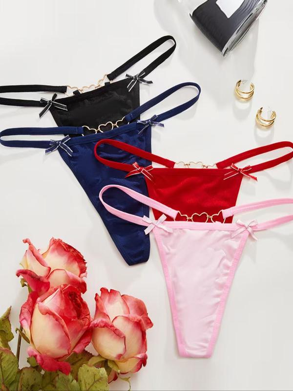 Women's Bow Decor Ring Linked Thong, Casual Breathable Comfortable Panty for Daily Wear, Ladies Underwear for All Seasons
