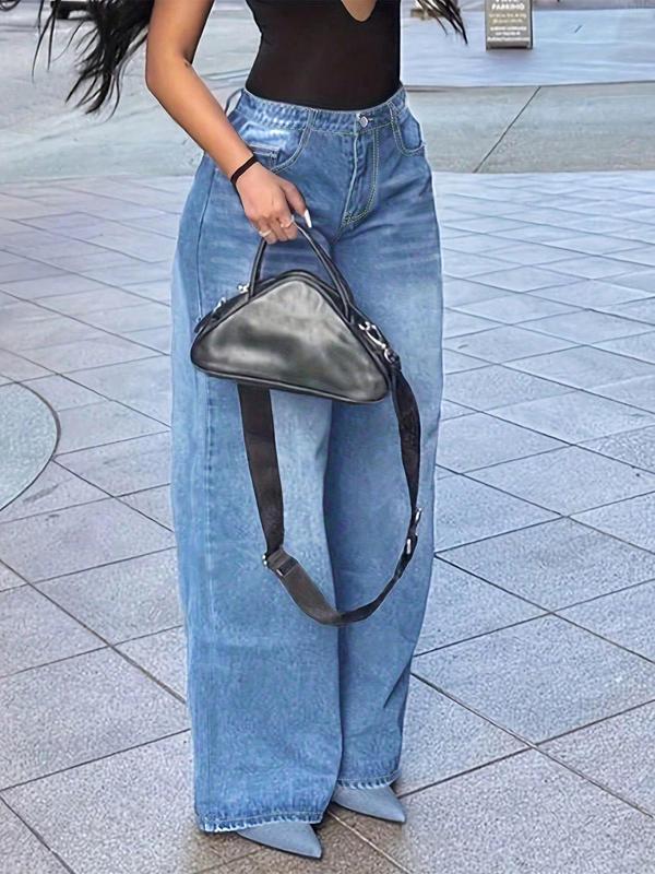 Women's Plain Pocket Wide Leg Jeans, Casual Street Comfy Denim Pants for Daily Wear, Ladies Bottoms for All Seasons