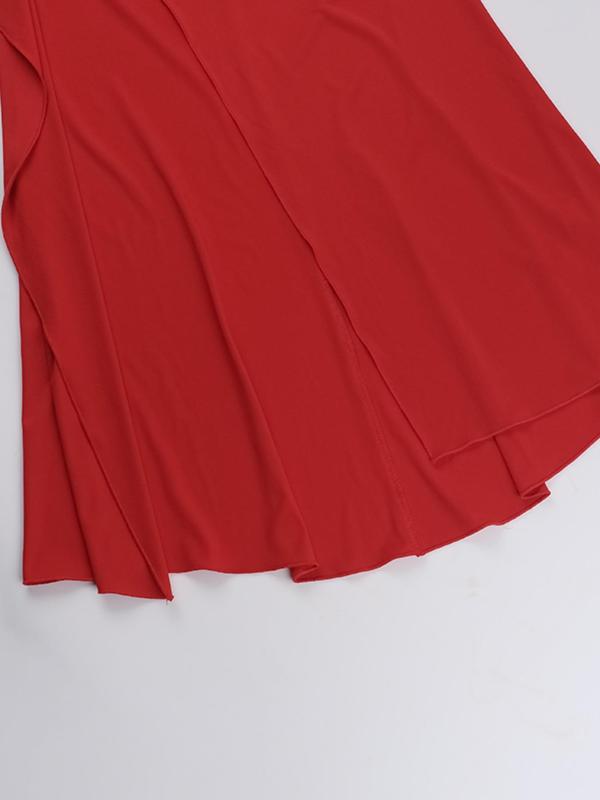 Women's Plain Ruched Ruffle Trim Split Thigh Cami Dress, Elegant Adjustable Strap Deep V Neck Maxi Dress for Party Club Dating Wear, Ladies Clothes for All Seasons