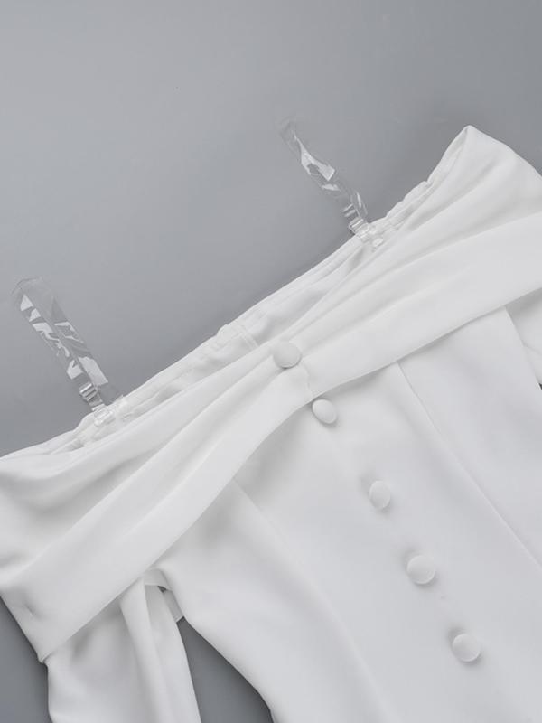 Women's Plain Fake Buttons Off Shoulder Dress with Transparent Strap, Elegant Flounce Sleeve A Line Short Dress for Party Holiday Wedding Guest, Women Party Dress, Ladies Spring & Fall Clothes