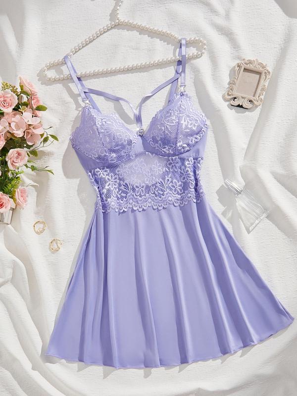 Women's Contrast Lace Backless Cami Nightdress, Solid Color Spaghetti Strap Nightgown, Soft Comfortable Sleep Dress for Women