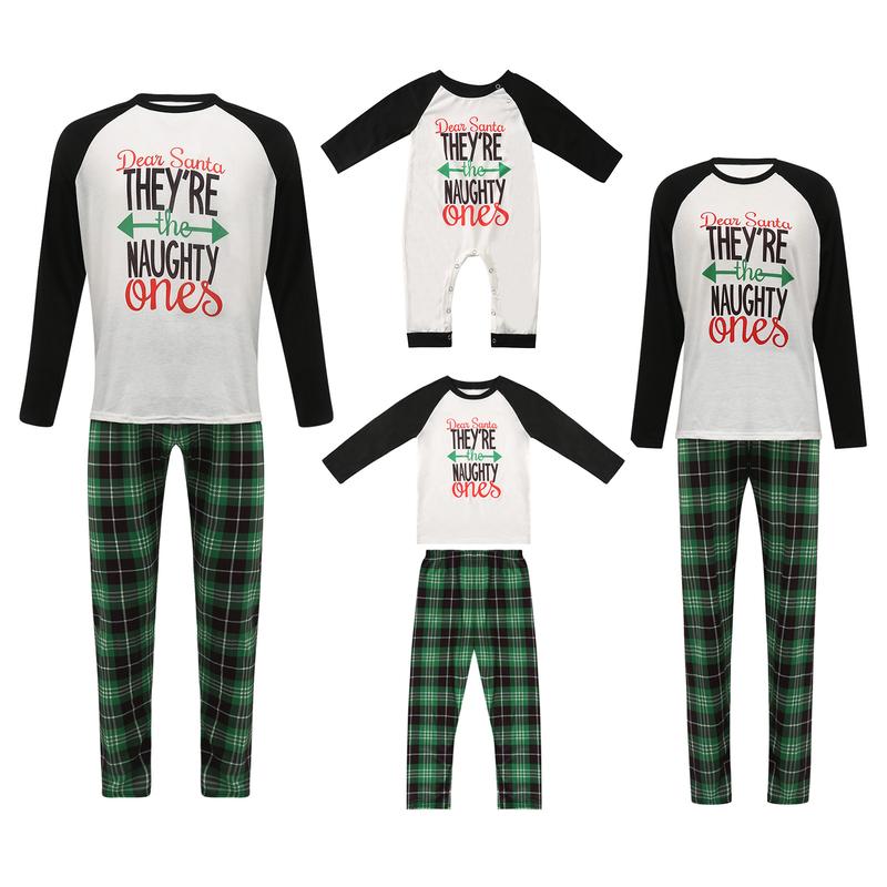 Matching Family Christmas Pajamas, Long Sleeve Letter Raglan Tops + Plaid Pants Set Loungewear Womenswear Clothing