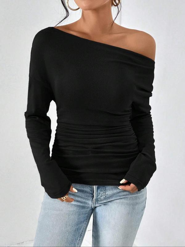Women's Plain Ruched Off Shoulder Tee, Casual Asymmetrical Long Sleeve T-shirt for Spring & Fall, Women's Clothing for Daily Wear