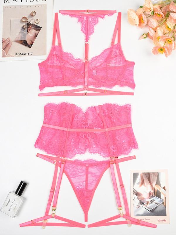 Women's Solid Sheer Lace Sexy Lingerie Set, Adjustable Strap Bra & Thong & Garter Belt & Thigh Rings Set, Sexy Lingerie Set for Women