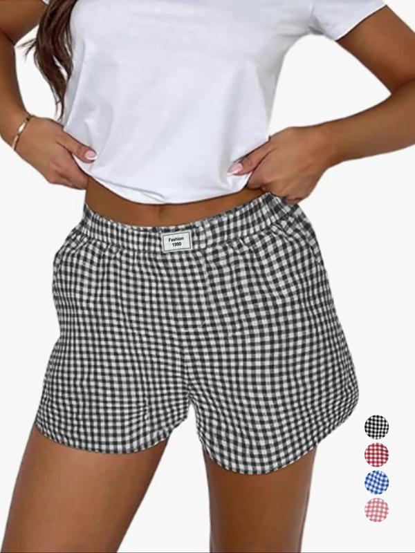 Women's Plaid Print Patched Wide Leg Shorts, Casual Pocket Elastic Waist Shorts for Daily Wear, Ladies Bottoms for All Seasons, Preppy 80s Clothes