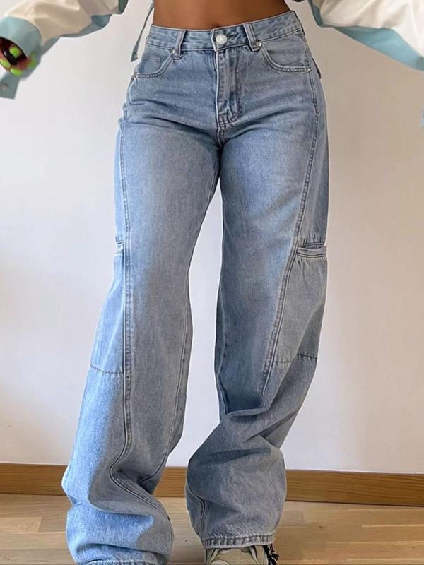 Women's Plain Pocket Button Straight Leg Jeans, Casual Comfy Denim Jeans for Daily Wear, Ladies Bottoms for Fall & Winter