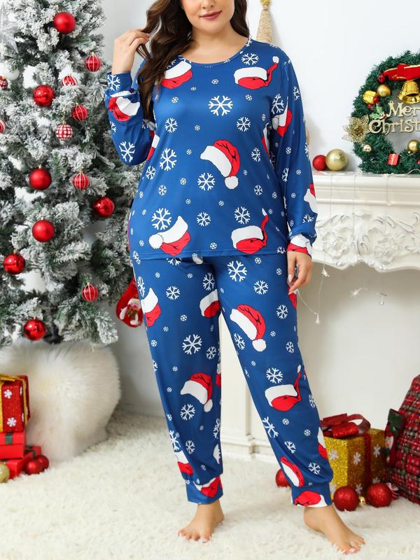  Two-Piece Set Christmas Print Long Sleeve Tee & Elastic Waist Pants Pajama Set, Casual Comfy Round Neck Top & Trousers PJ Set, Women's Sleepwear for Fall & Winter