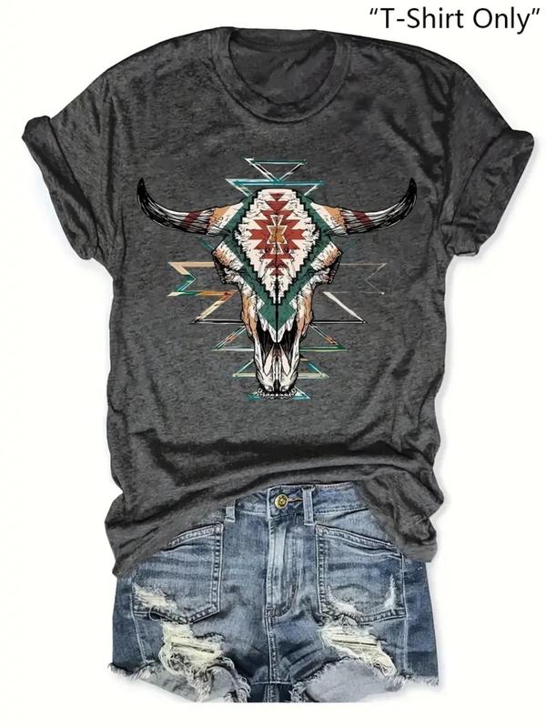 Women's Bull Head Print Round Neck Tee, Fashion Casual Short Sleeve T-shirt for Daily Wear, Ladies Summer Clothes