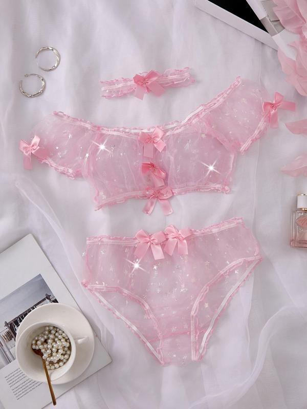 Women's Contrast Sequin Bow Front Sheer Sexy Lingerie Three-Piece Set, Romantic Sexy Lettuce Trim Top & Panty & Choker Set, Women's Sexy Lingeries & Costumes for All Seasons