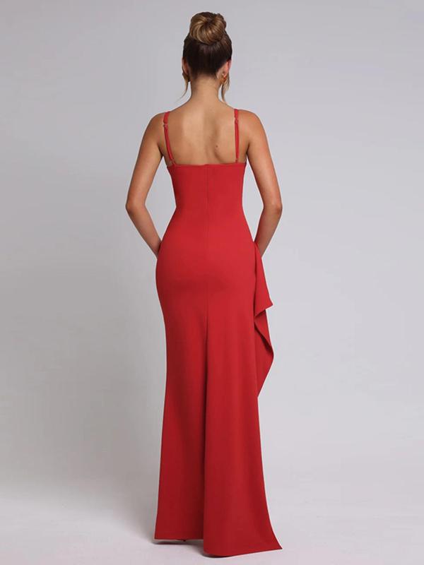 Women's Plain Ruched Ruffle Trim Split Thigh Cami Dress, Elegant Adjustable Strap Deep V Neck Maxi Dress for Party Club Dating Wear, Ladies Clothes for All Seasons