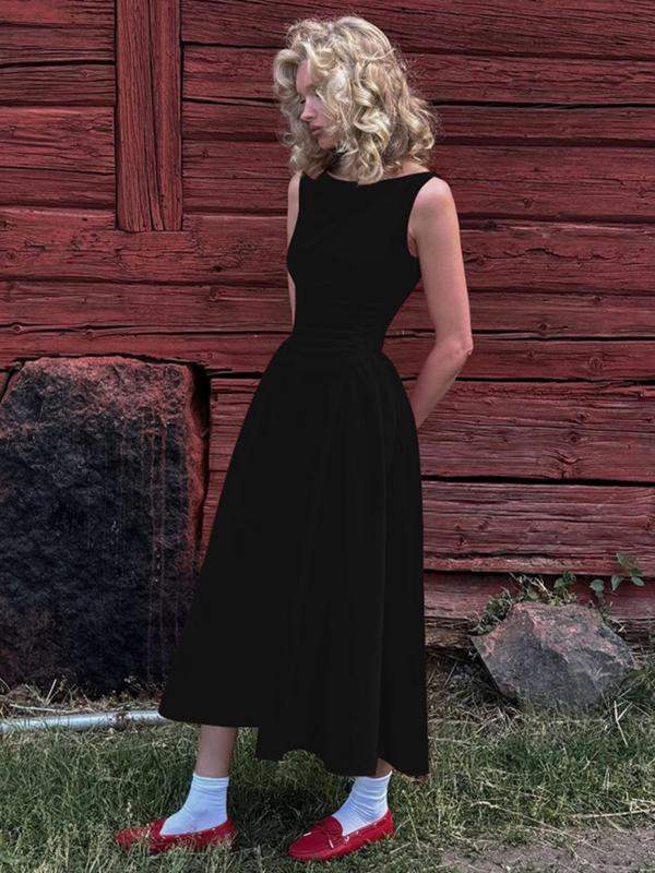 Women's Plain Backless Boat Neck A Line Dress, Elegant Sleeveless Zipper Back Long Dress for Party Holiday Wedding Guest, Ladies Summer Clothes