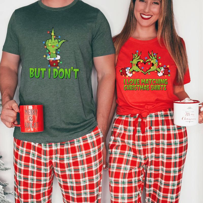 Funny Grinch Couple Matching T-shirt,  Love Christmas Matching Sweatshirt & Tshirt, Christmas Sweatshirt, Funny Grinch Hand Pajamas Couple Shirt Comfort Cotton