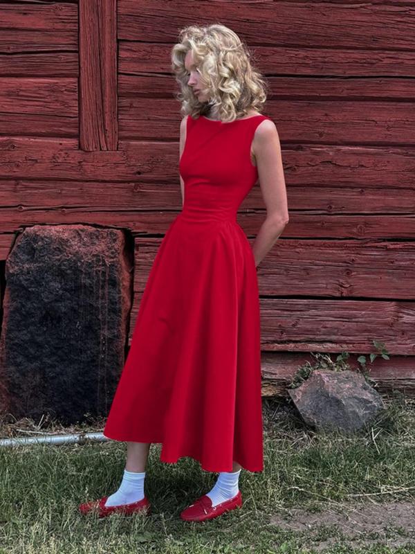 Women's Plain Backless Boat Neck A Line Dress, Elegant Sleeveless Zipper Back Long Dress for Party Holiday Wedding Guest, Ladies Summer Clothes