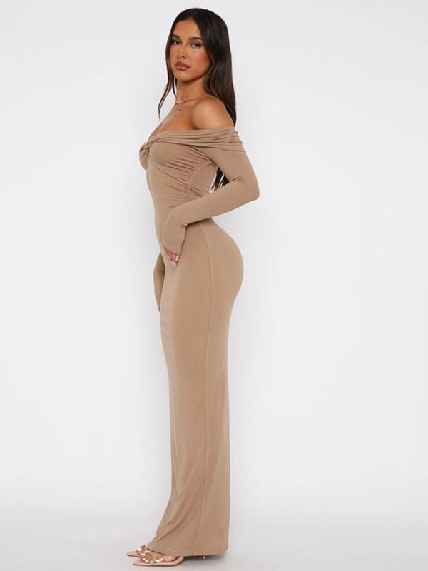 Women's Plain Twist Off Shoulder Bodycon Dress, Casual Long Sleeve Ruched Maxi Dress for Party Club Dating Wear, Women's Clothing for Fall & Winter