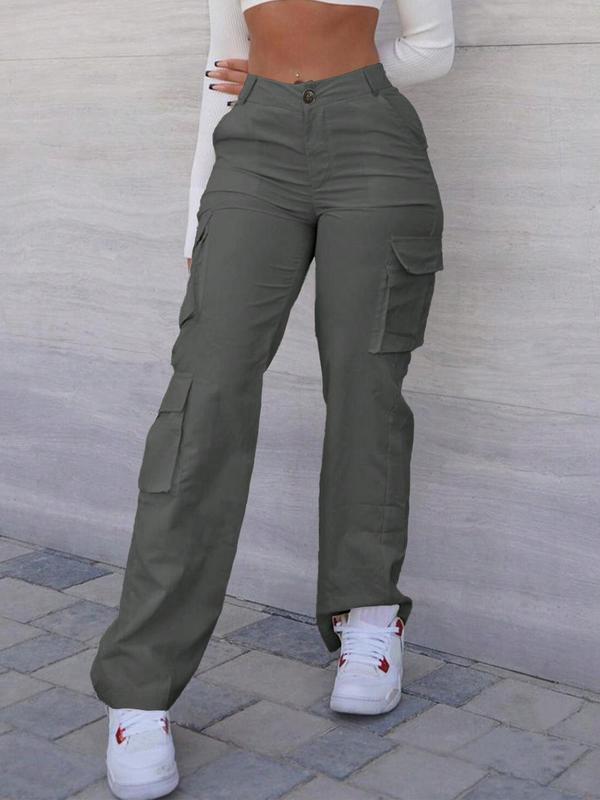 Women's Plain Flap Pocket Cargo Pants, Street Fashion Casual Button Trousers for Daily Wear, Ladies Bottoms for Fall & Winter, Downtown Girl Clothes