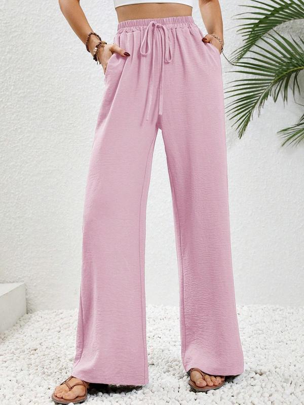 Women's Plain Drawstring High Waist Wide Leg Pants, Pants for Women, Baggy Pants, Summer Clothes Women, Casual Pocket Elastic Waist Trousers for Summer, Women's Bottoms for Daily Wear, Summer Outfits 2024