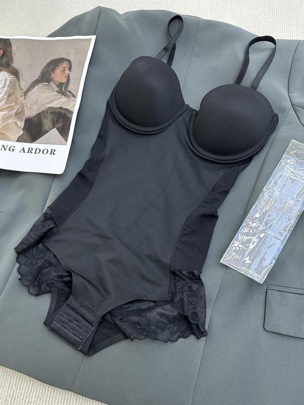 Women's Contrast Lace Scallop Trim Cami Shapewear Bodysuit & 1 Pair Transparent Shoulder Straps, Body Shapewear, Butt Lift Tummy Control Fajas Bodysuit, Women's Shapewear