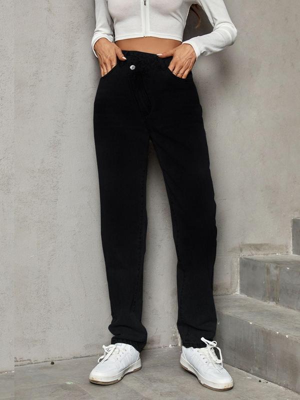 Women's Plain High Waist Straight Leg Vintage Jeans, Fashion Streetwear, Street Overlap Waist Pocket Denim Pants Mom Jeans for Daily Outdoor Wear, Ladies Bottoms for All Seasons, Fall Clothes