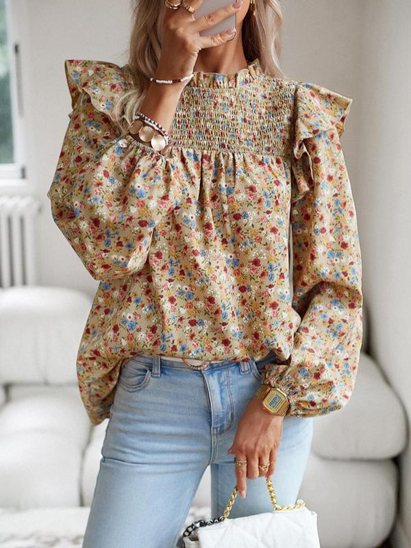 Women's Floral Print Ruffle Layered Sleeve Blouse, Boho Mock Neck Shirred Top for Summer, Women's Clothing for Daily Wear