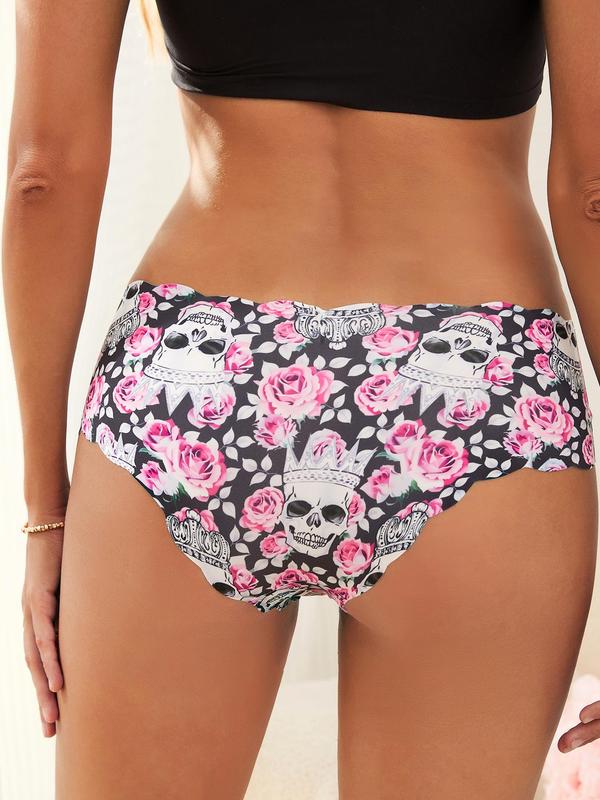 Women's All Over Skull Print Scallop Trim Girls Knickers, Fall Wear, Soft Comfy Breathable Seamless Panty for Daily Wear, Women's Underwear for Fall, Underwear for Women, Fall Womenswear