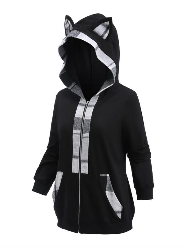  Colorblock Plaid Print Zip Up Ear Design Hooded Jacket, Casual Long Sleeve Hooded Outerwear for Fall & Winter, Women's Clothes for Daily Wear