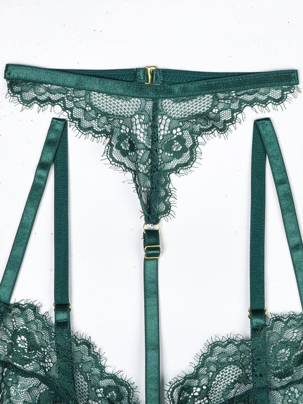 Women's Solid Sheer Lace Sexy Lingerie Set, Adjustable Strap Bra & Thong & Garter Belt & Thigh Rings Set, Sexy Lingerie Set for Women